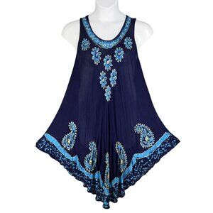 Gypsie Blu Boho Womens OSFM Blue Gauze Tank Tunic Dress Floral Handkerchief Hem